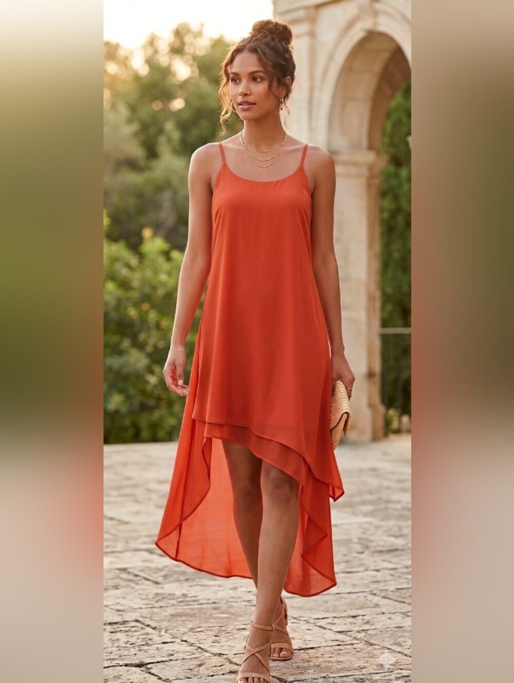 Cato Coral High-Low Slip Dress